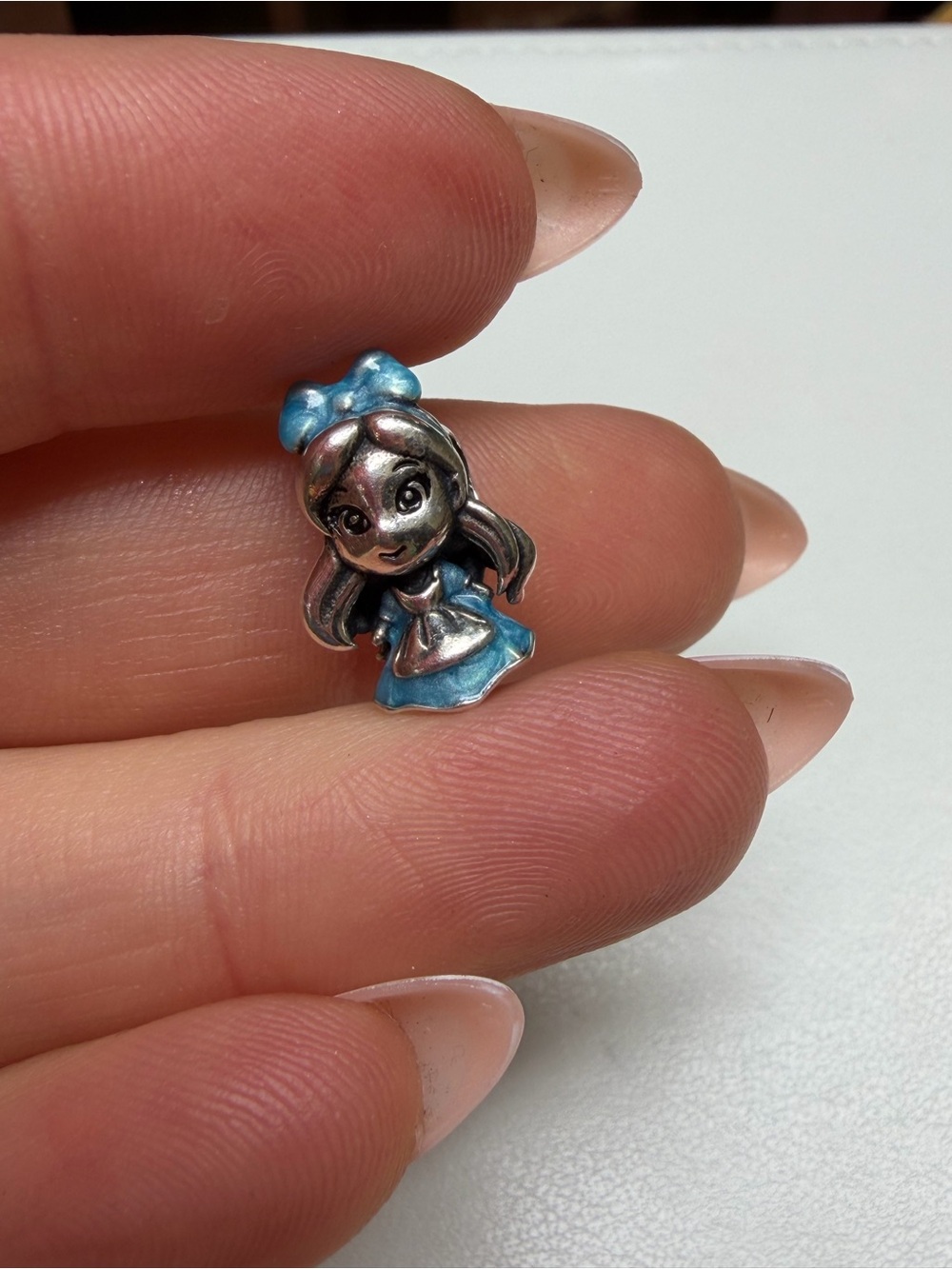 Sterling Silver Alice in Wonderland Girl Charm with Blue Enamel Bow and Dress